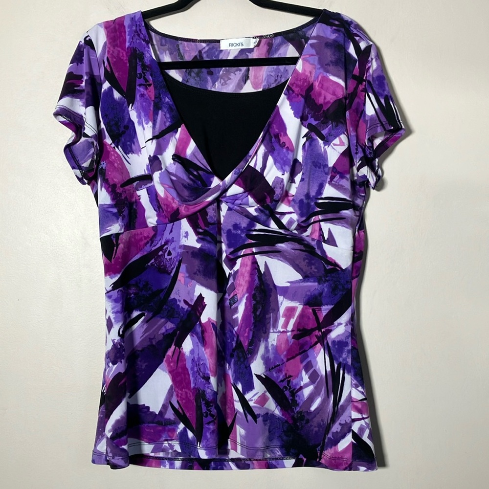 Ricki’s blouse short sleeved stretch purple abstract print top women’s size XL